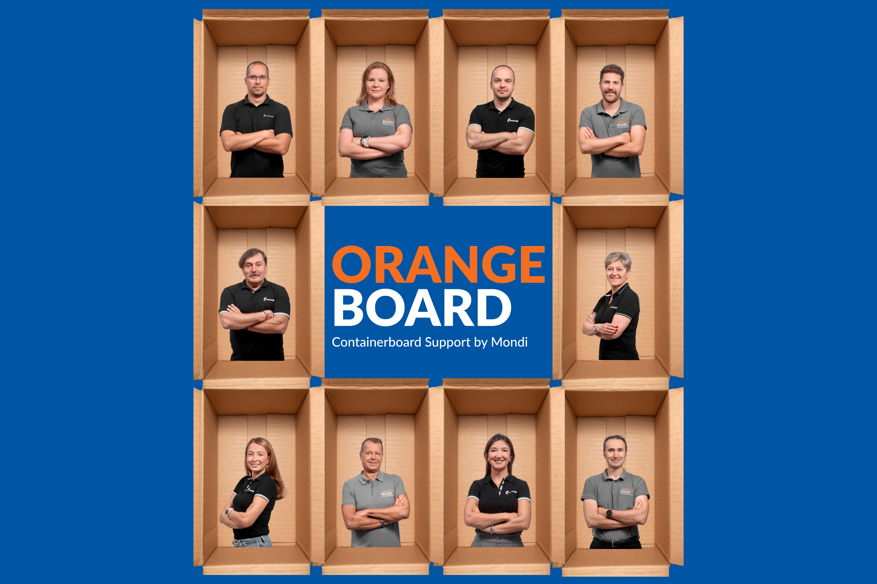 10 open boxes arranged in a sqaure, in each box, there's a member of the Orange Board team smiling confidently. In the middle of the sqaure, you can see the Orange Board logo on a blue background.