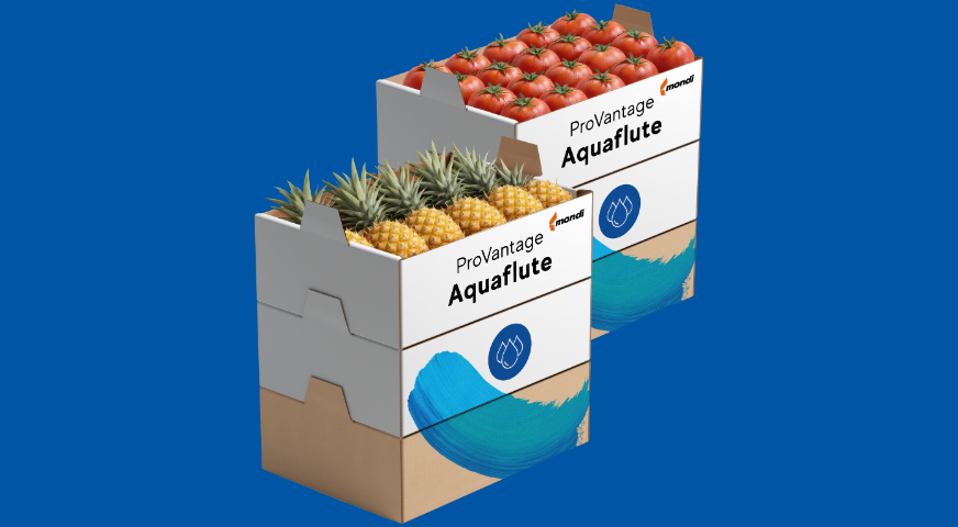 2 brown-and-white boxes made from Mondi fluting, one with pineapples, one with tomatoes inside