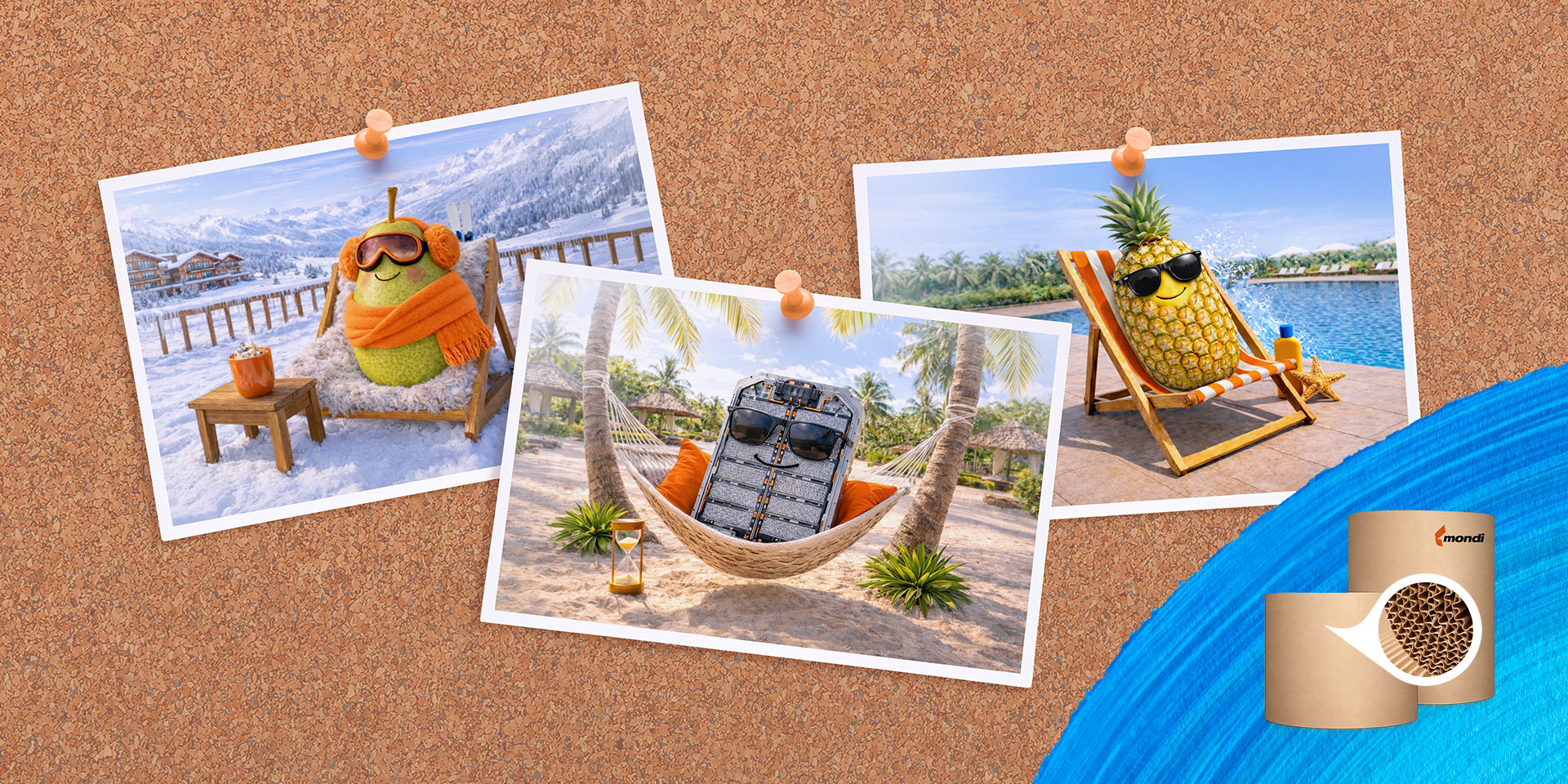 3 postcards, a product looking happy and relaxed on each card because it arrived in perfect condition at its destination: a pear wrapped in winter clothes in a sunchair at a ski resport, a car battery with sunglasses in a hammock at the beach, a pineapple with sunglasses in a poolchair