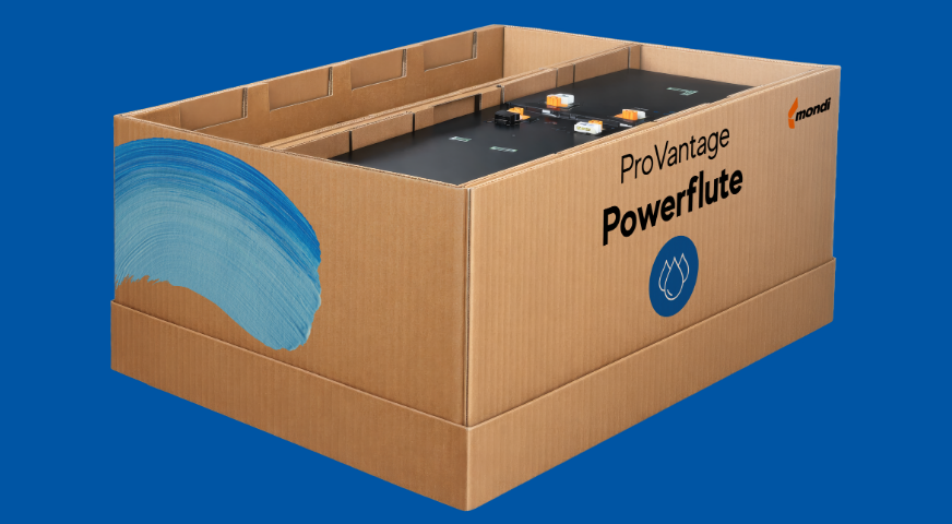 a brown box made from Mondi fluting with a car battery in it